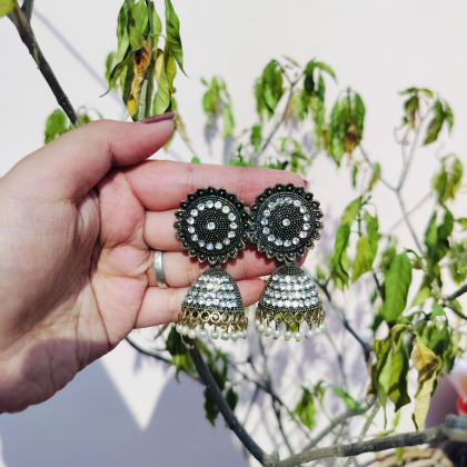 Black Stone Studded Silver Jhumka Earrings Black Stone Studded Silver Jhumka Earrings