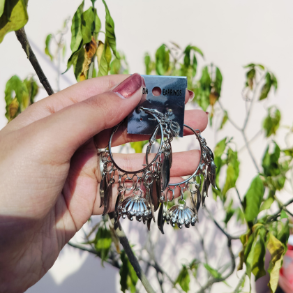 Oxidized Silver Leaf Hoop Jhumka Earrings Oxidized Silver Leaf Hoop Jhumka Earrings